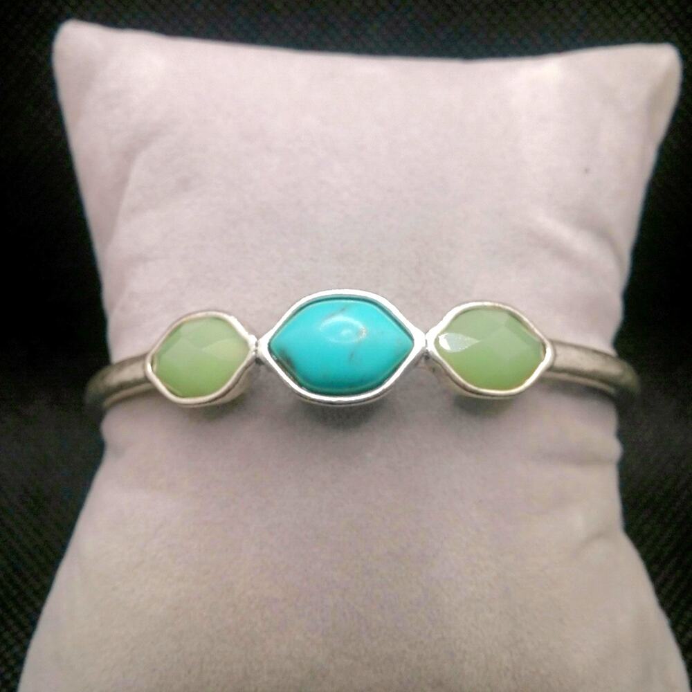 Vintage Lucky Brand Bracelet Hammered Silver Tone Blue Green Triple Stone Bangle